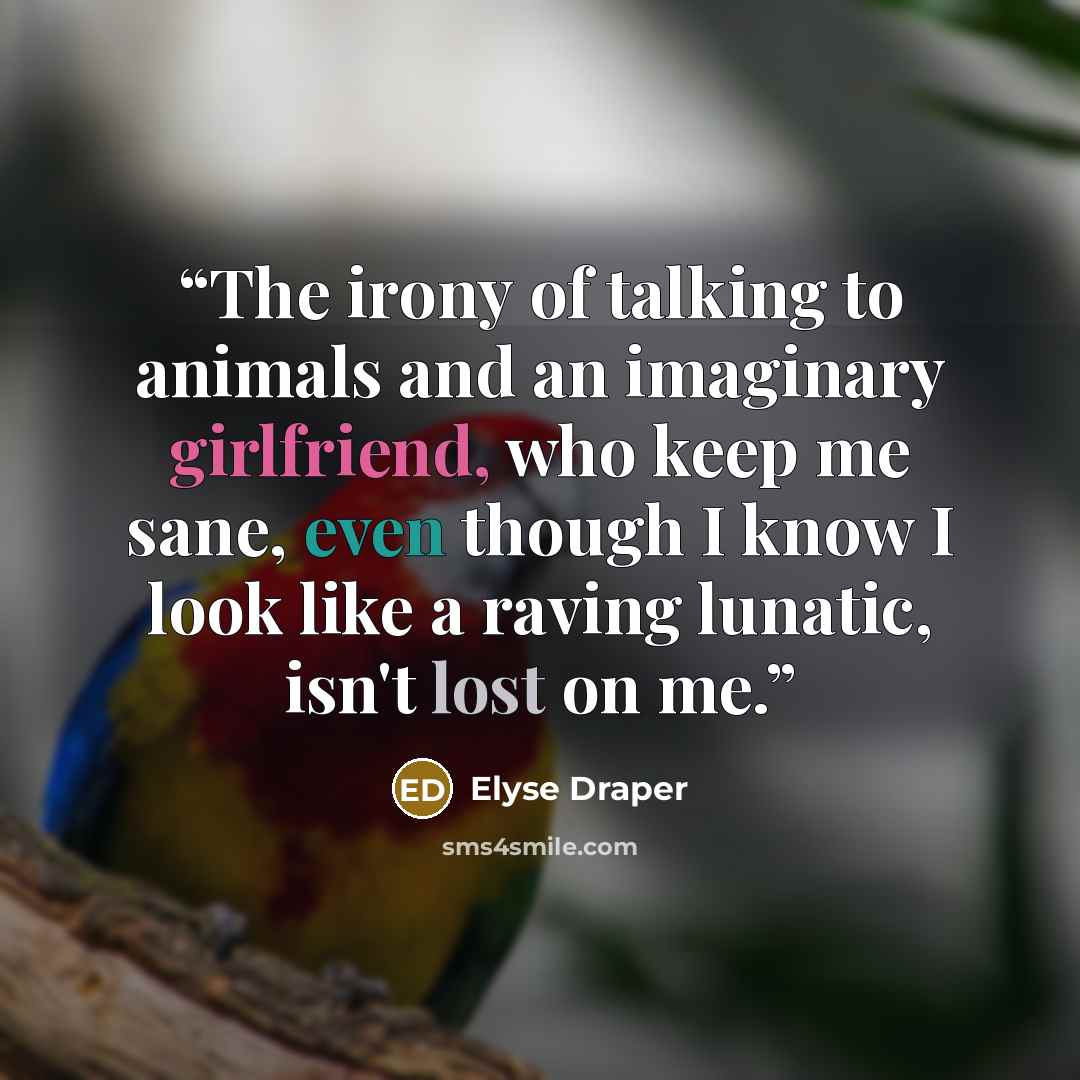 “The irony of talking to animals and an imaginary girlfriend, who keep me sane, even though I know I look like a raving lunatic, isn't lost on me.” quote by Elyse Draper