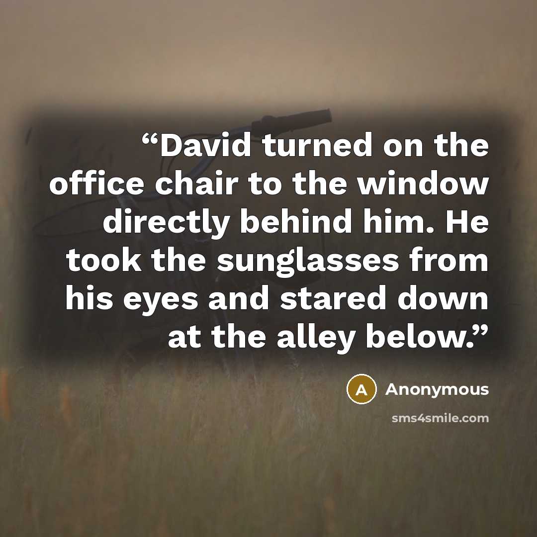 “David turned on the office chair to the window directly behind him. He took the sunglasses from his eyes and stared down at the alley below.” quote by Anonymous