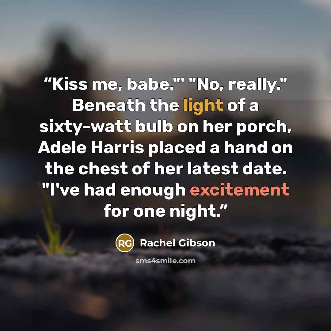 “Kiss me, babe."' "No, really." Beneath the light of a sixty-watt bulb on her porch, Adele Harris placed a hand on the chest of her latest date. "I've had enough excitement for one night.” quote by Rachel Gibson