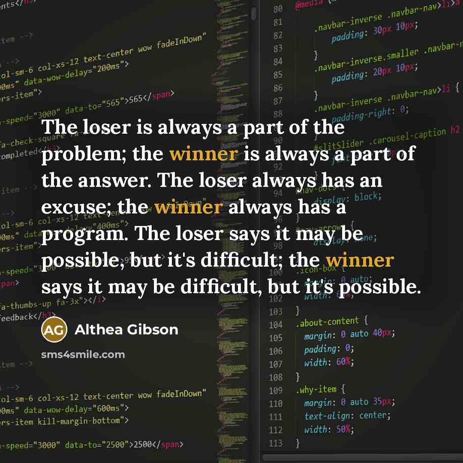 “The loser is always a part of the problem; the…” quote by Althea Gibson