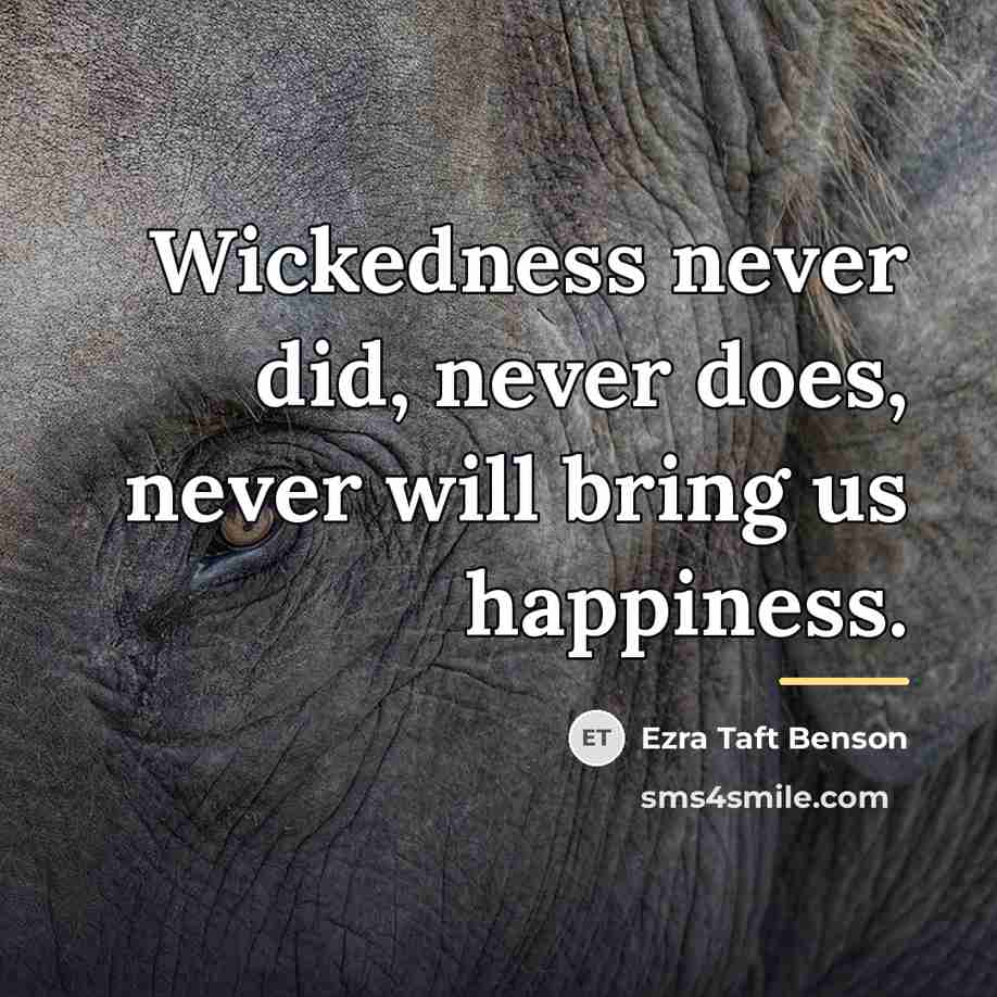 “Wickedness never did, never does, never will bring us happiness.…” quote by Ezra Taft Benson