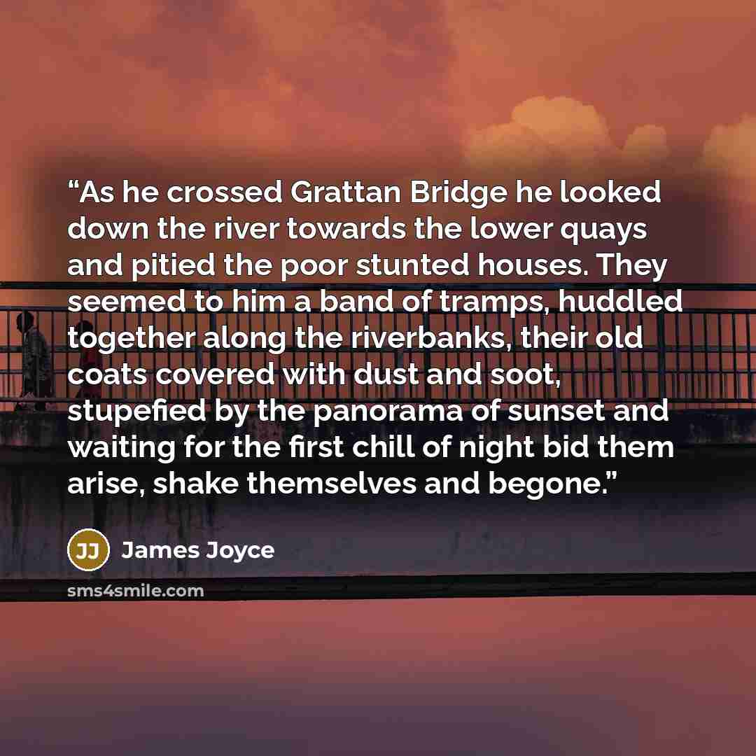 “As he crossed Grattan Bridge he looked down the river towards the lower quays and pitied the poor stunted houses. They seemed to him a band of tramps, huddled together along the riverbanks, their old coats covered with dust and soot, stupefied by the panorama of sunset and waiting for the first…” quote by James Joyce