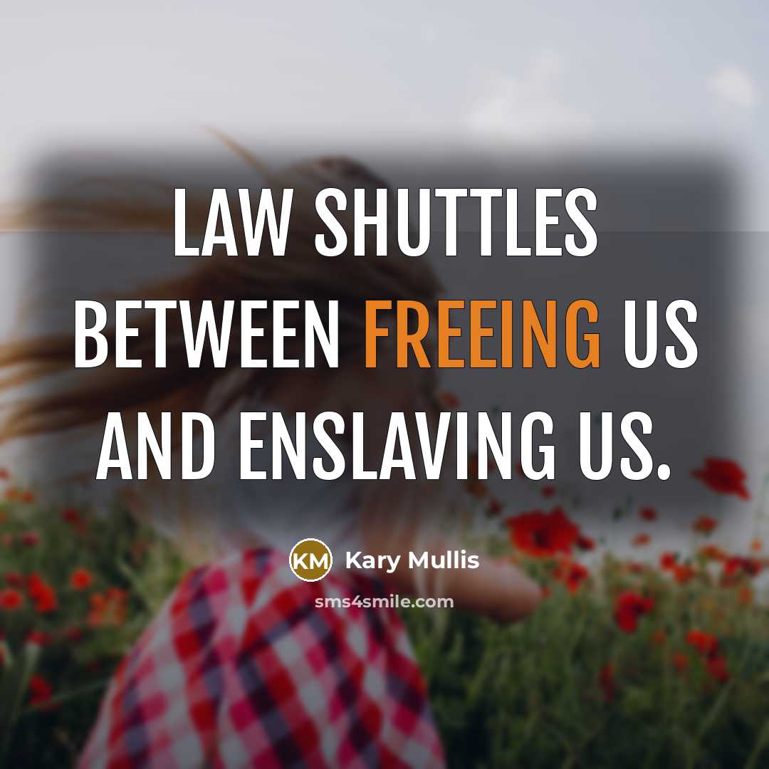 “Law shuttles between freeing us and enslaving us.” quote by Kary Mullis
