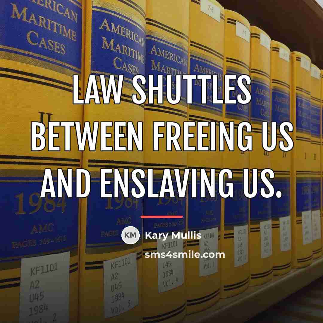 “Law shuttles between freeing us and enslaving us.…” quote by Kary Mullis