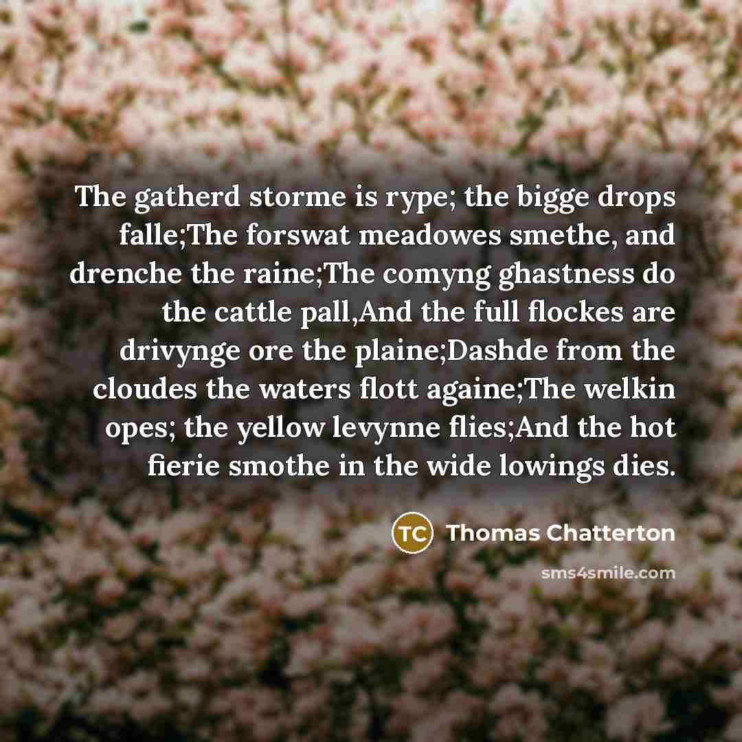 “The gatherd storme is rype; the bigge drops falle;The forswat…” quote by Thomas Chatterton