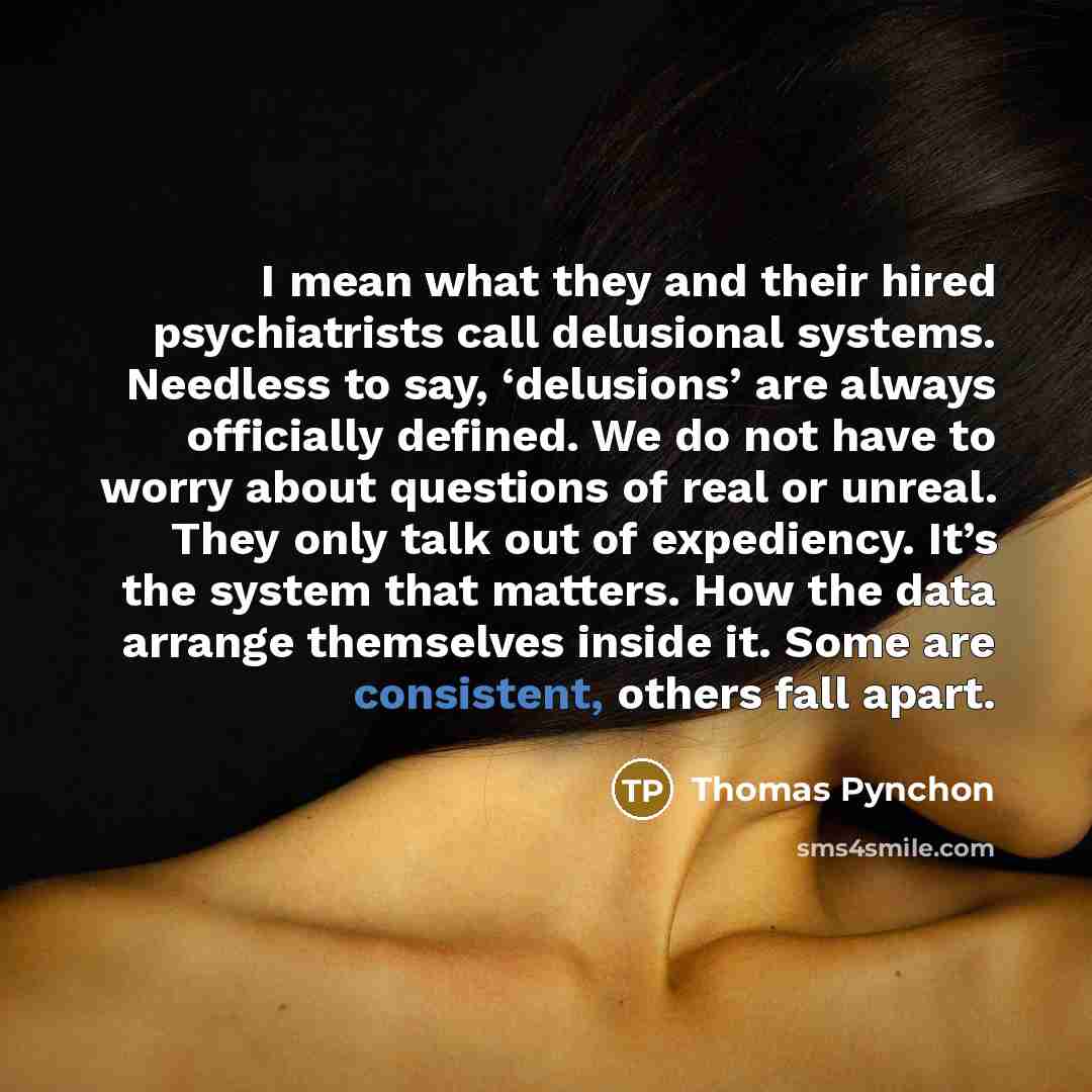 “I mean what they and their hired psychiatrists call delusional…” quote by Thomas Pynchon