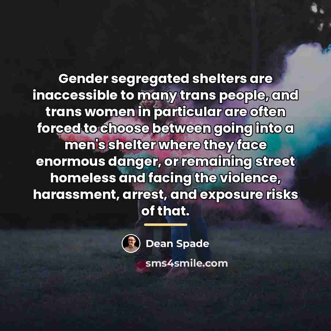 “Gender segregated shelters are inaccessible to many trans people, and…” quote by Dean Spade