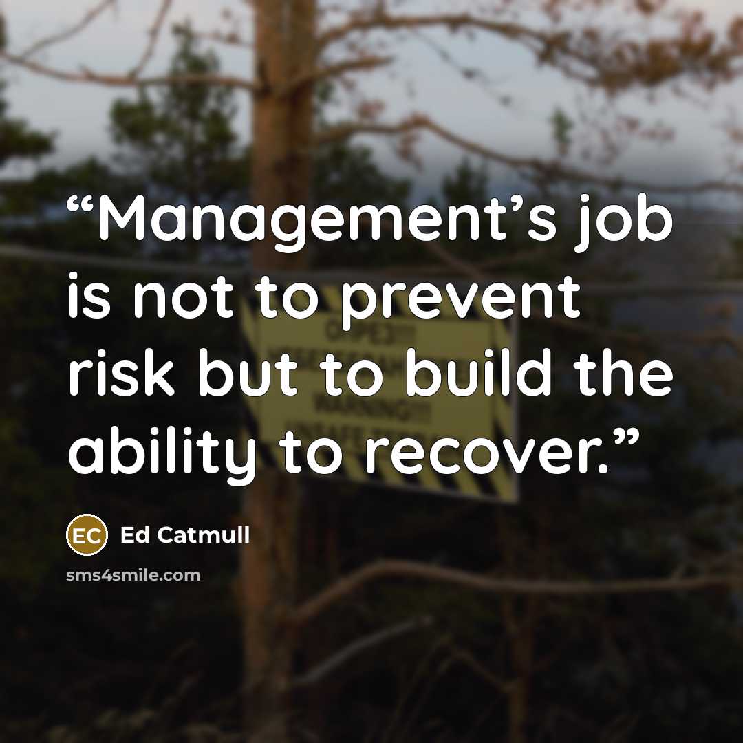 “Management’s job is not to prevent risk but to build the ability to recover.” quote by Ed Catmull