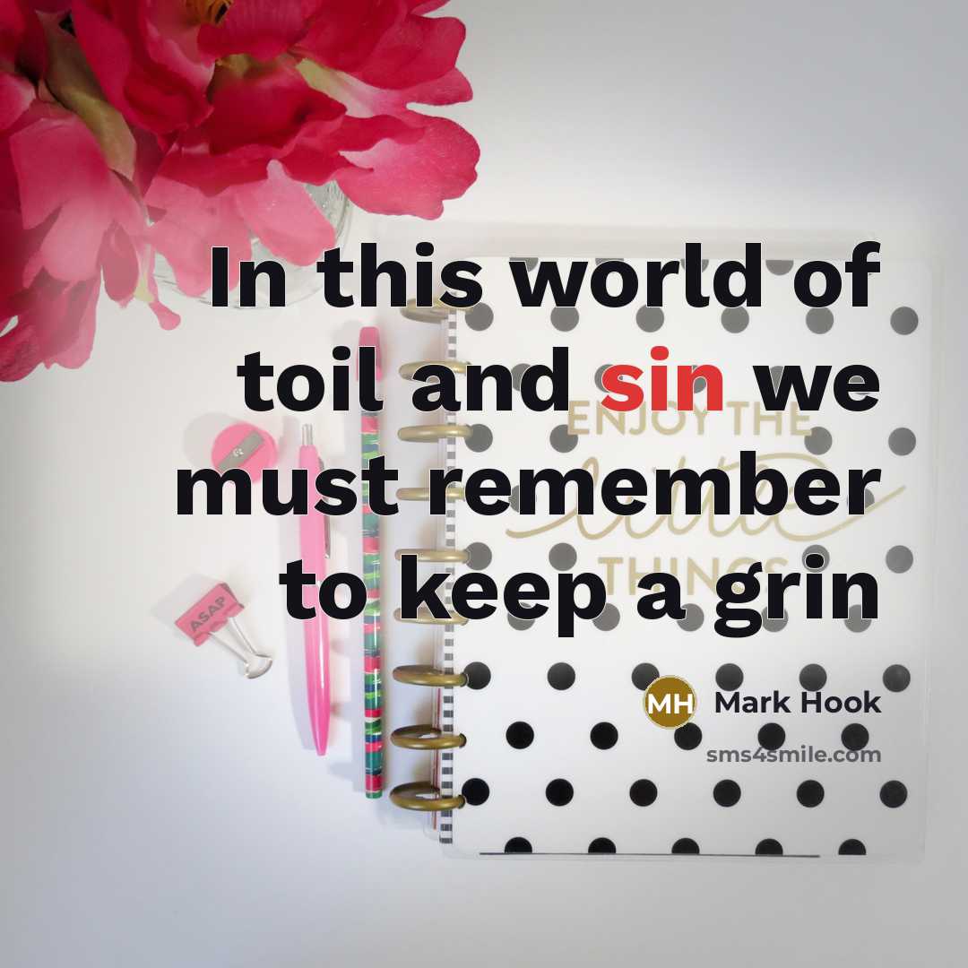 “In this world of toil and sin we must remember to keep a grin” quote by Mark Hook