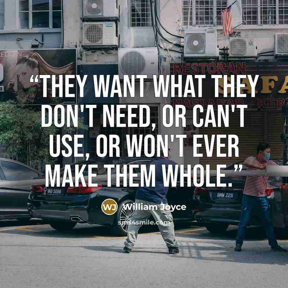 “They want what they don't need, or can't use, or won't ever make them whole.” quote by William Joyce
