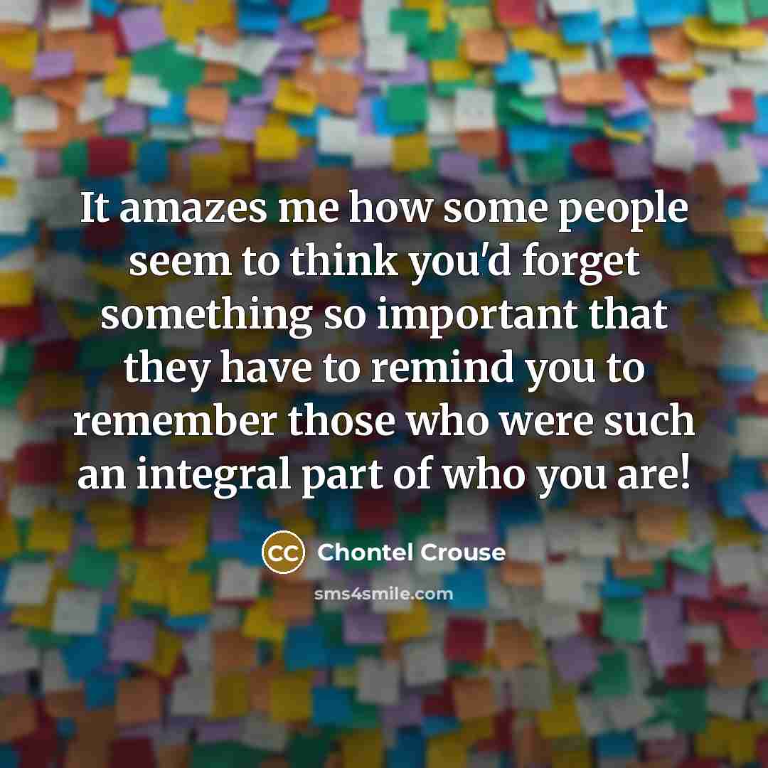 “It amazes me how some people seem to think you'd forget something so important that they have to remind you to remember those who were such an integral part of who you are!” quote by Chontel Crouse