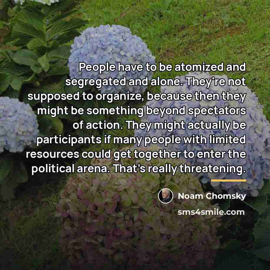 “People have to be atomized and segregated and alone. They're…” quote by Noam Chomsky