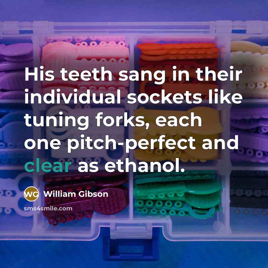 “His teeth sang in their individual sockets like tuning forks,…” quote by William Gibson