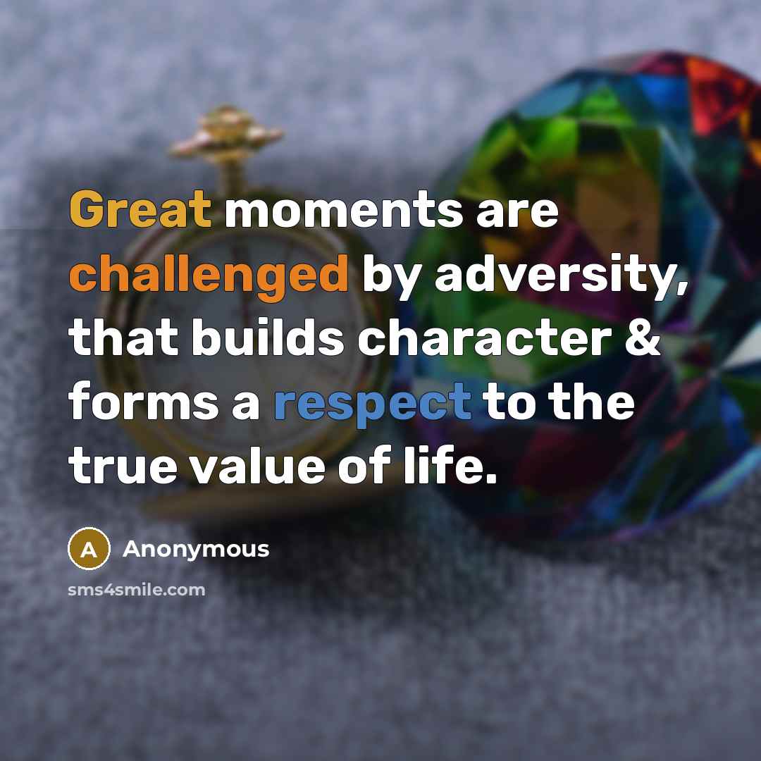 “Great moments are challenged by adversity, that builds character & forms a respect to the true value of life.” quote by Anonymous