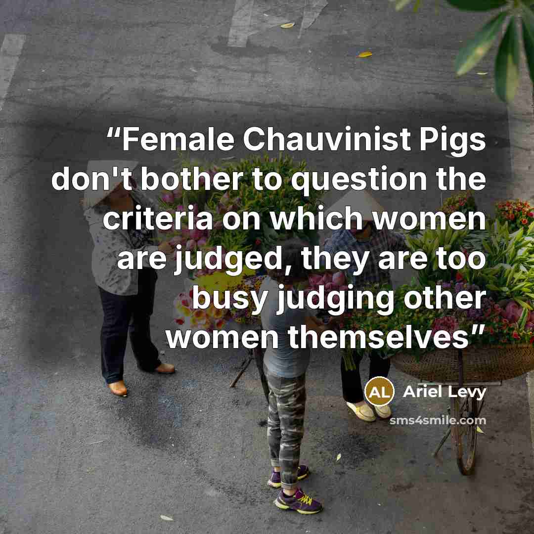 “Female Chauvinist Pigs don't bother to question the criteria on which women are judged, they are too busy judging other women themselves” quote by Ariel Levy