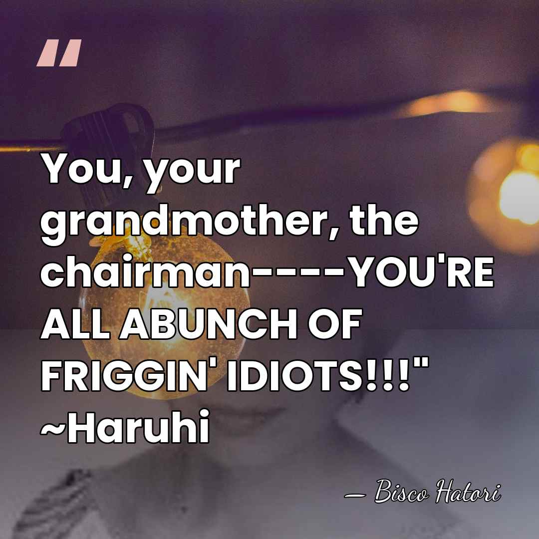 You, your grandmother, the chairman----YOU'RE ALL ABUNCH OF FRIGGIN' IDIOTS!!!" ~Haruhi - Bisco Hatori