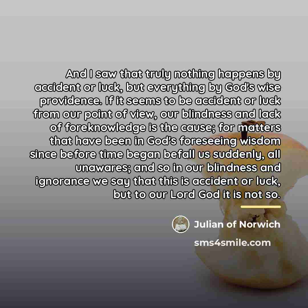 “And I saw that truly nothing happens by accident or…” quote by Julian of Norwich