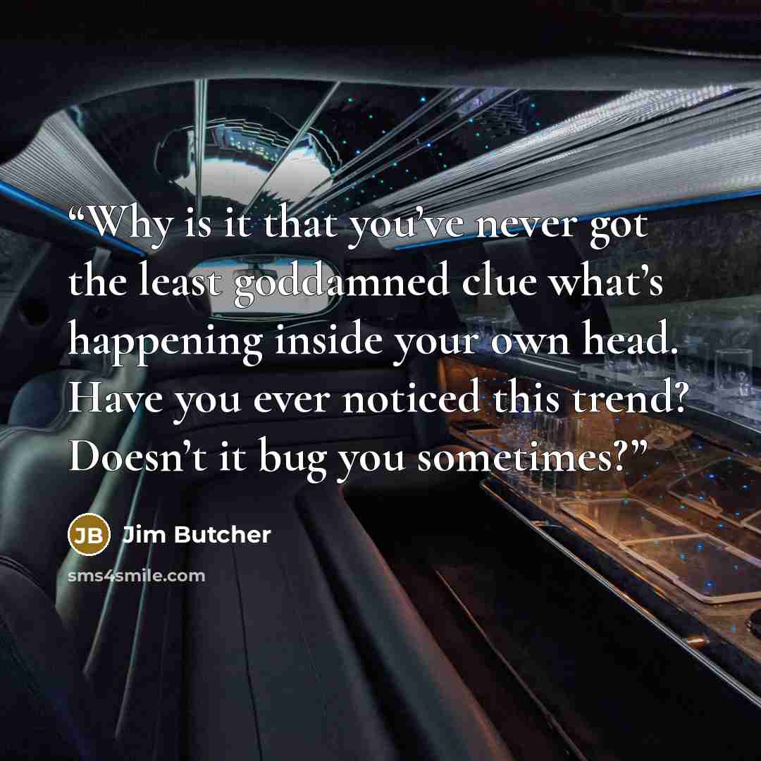 “Why is it that you’ve never got the least goddamned clue what’s happening inside your own head. Have you ever noticed this trend? Doesn’t it bug you sometimes?” quote by Jim Butcher
