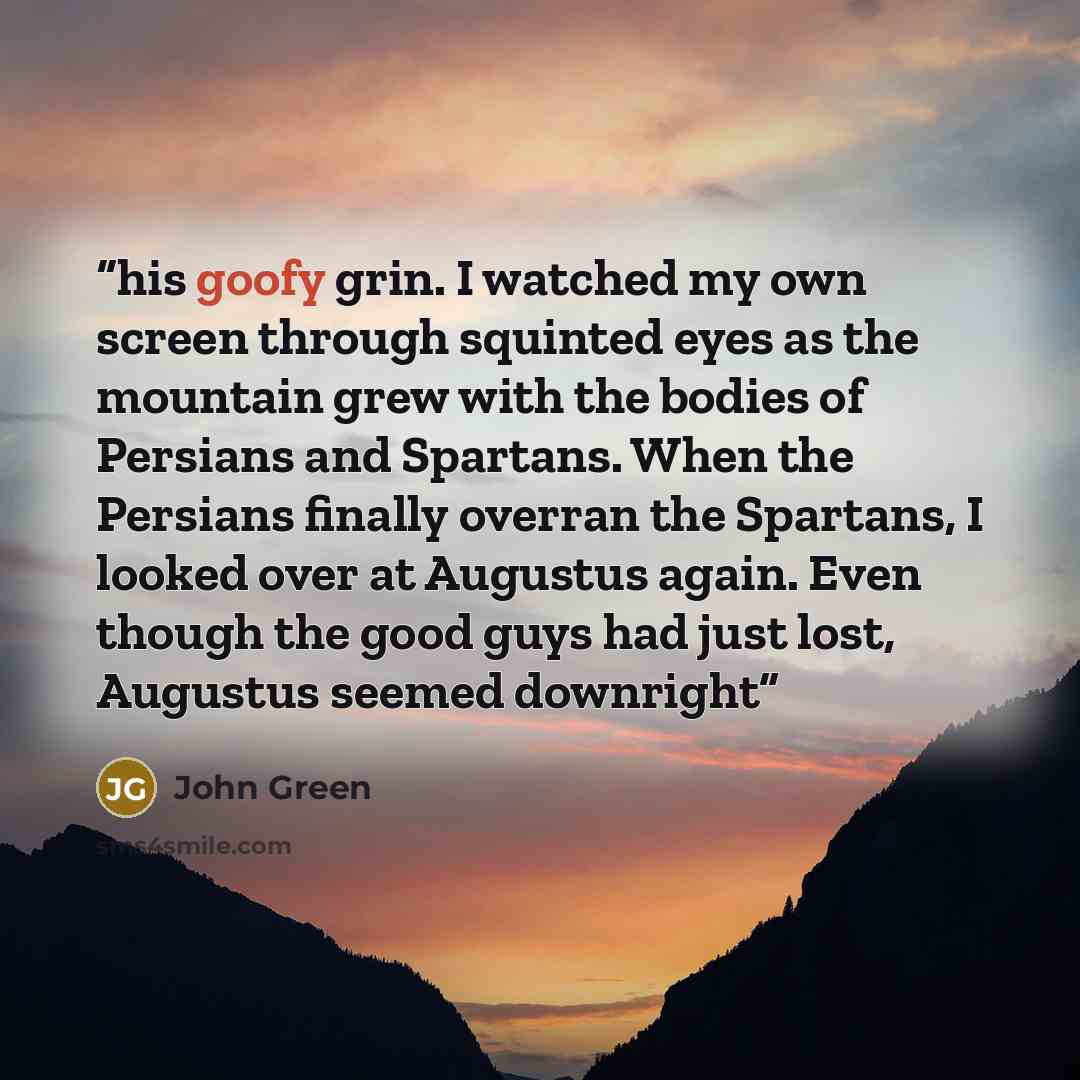 “his goofy grin. I watched my own screen through squinted eyes as the mountain grew with the bodies of Persians and Spartans. When the Persians finally overran the Spartans, I looked over at Augustus again. Even though the good guys had just lost, Augustus seemed downright” quote by John Green