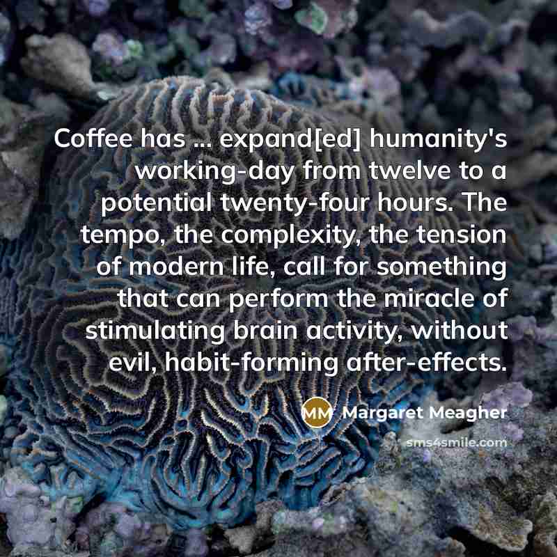 “Coffee has ... expand[ed] humanity's working-day from twelve to a potential twenty-four hours. The tempo, the complexity, the tension of modern life, call for something that can perform the miracle of stimulating brain activity, without evil, habit-forming after-effects.” quote by Margaret Meagher