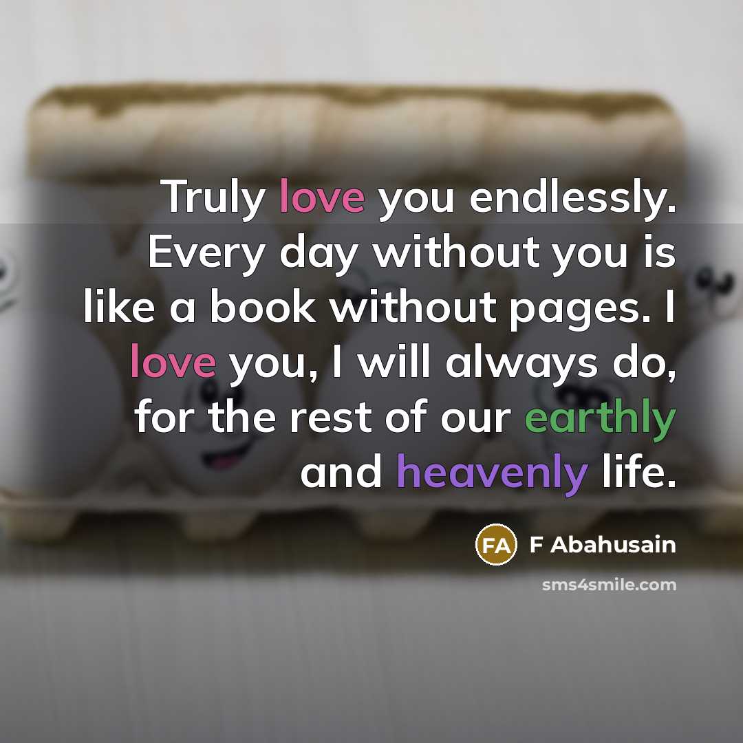 “Truly love you endlessly. Every day without you is like a book without pages. I love you, I will always do, for the rest of our earthly and heavenly life.” quote by F Abahusain