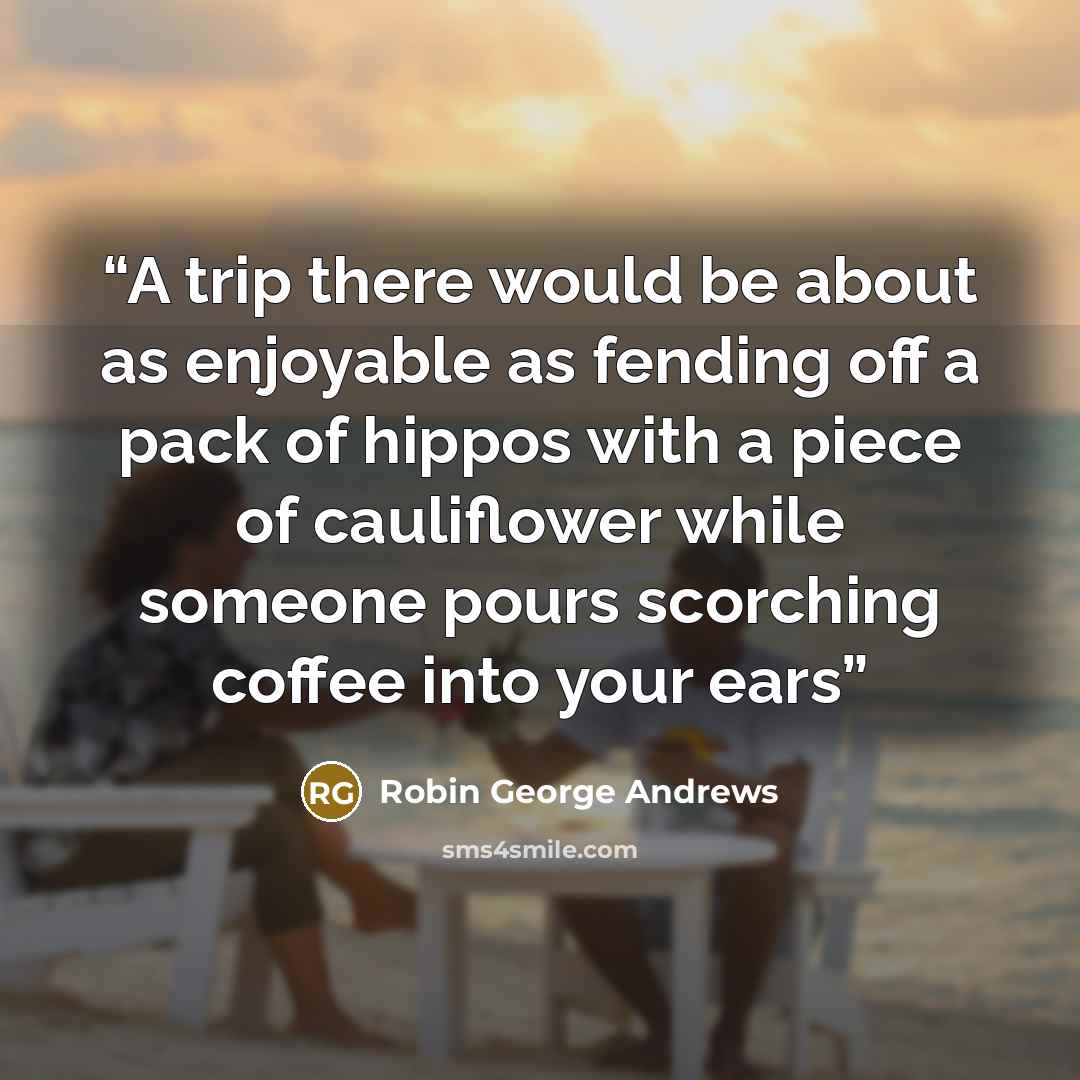 “A trip there would be about as enjoyable as fending off a pack of hippos with a piece of cauliflower while someone pours scorching coffee into your ears” quote by Robin George Andrews
