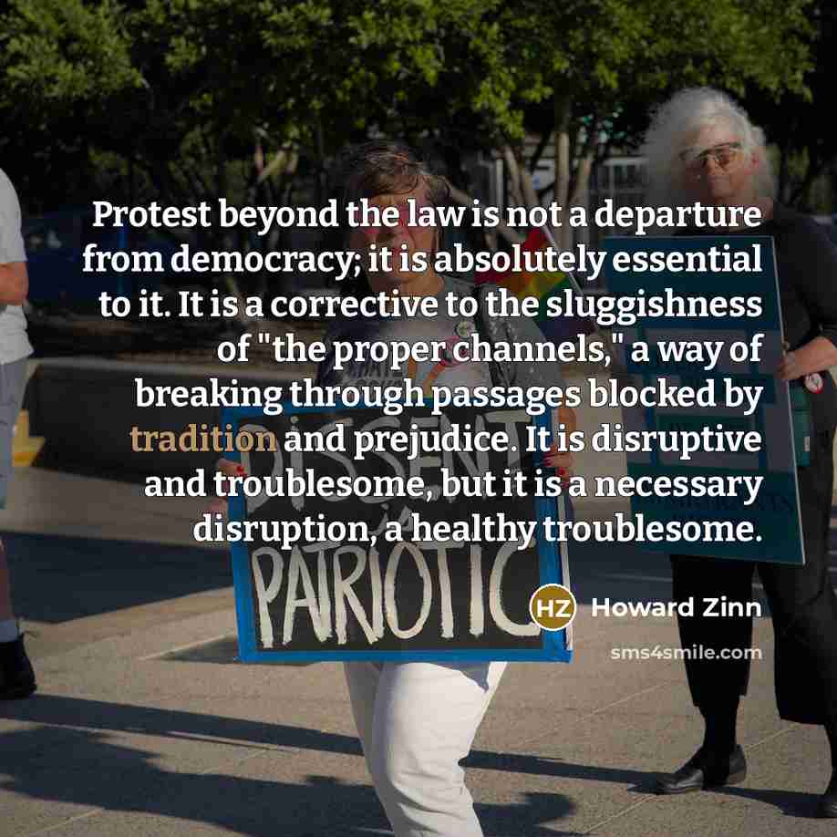 “Protest beyond the law is not a departure from democracy;…” quote by Howard Zinn