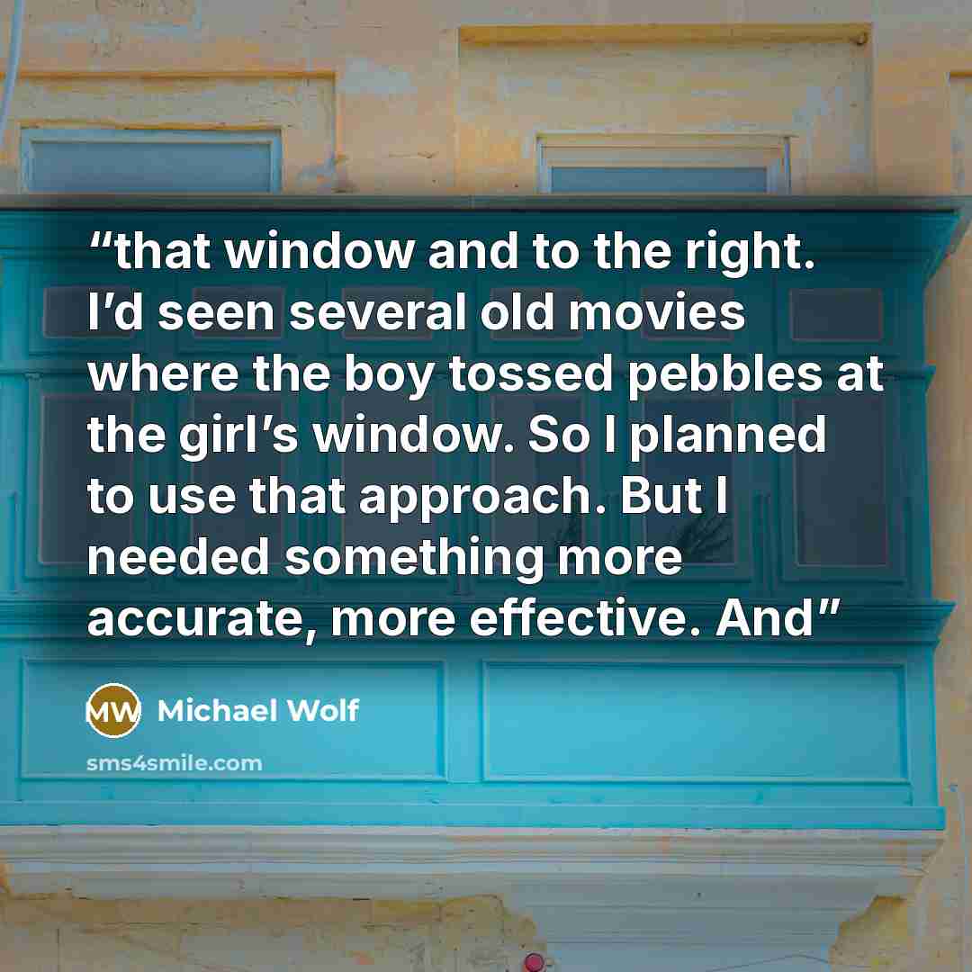 “that window and to the right. I’d seen several old movies where the boy tossed pebbles at the girl’s window. So I planned to use that approach. But I needed something more accurate, more effective. And” quote by Michael Wolf