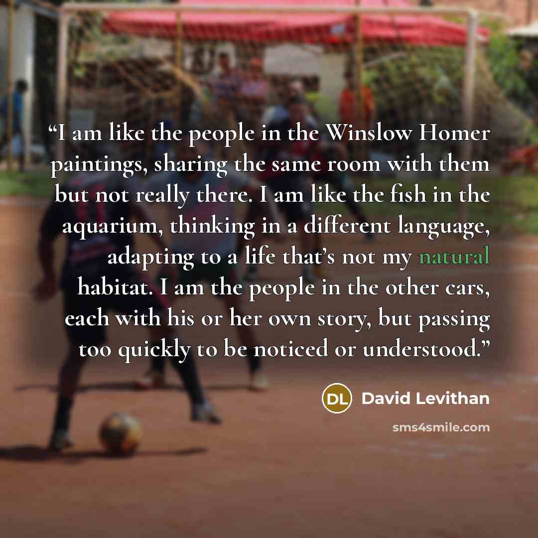 “I am like the people in the Winslow Homer paintings, sharing the same room with them but not really there. I am like the fish in the aquarium, thinking in a different language, adapting to a life that’s not my natural habitat. I am the people in the other cars, each with his or her own story, but…” quote by David Levithan