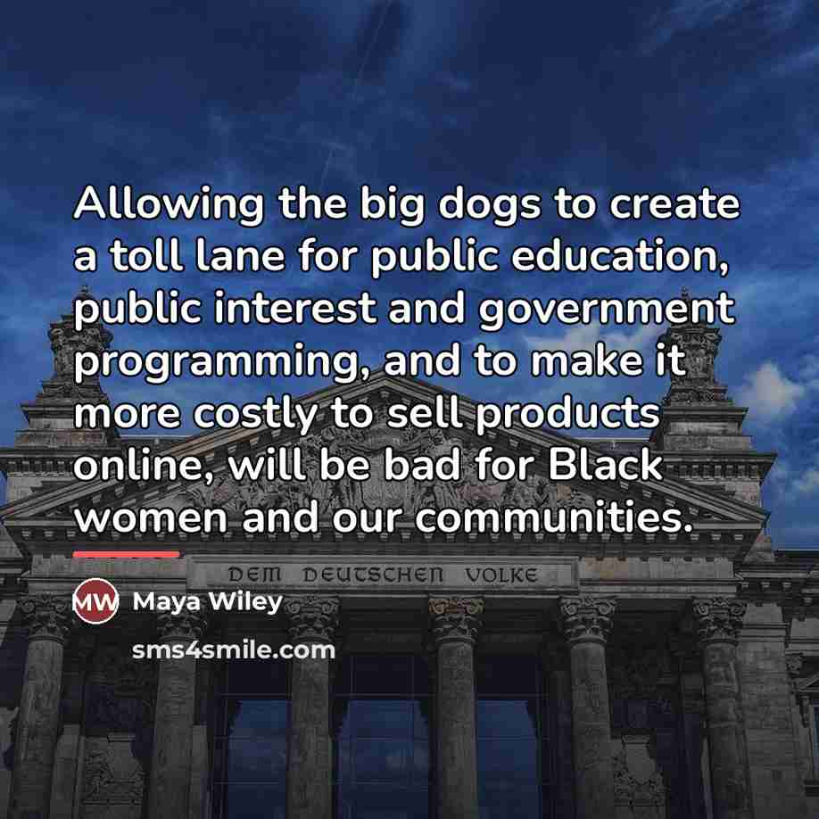 “Allowing the big dogs to create a toll lane for…” quote by Maya Wiley