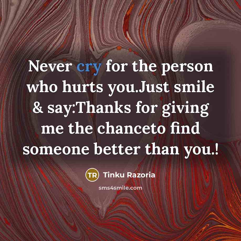 “Never cry for the person who hurts you.Just smile &…” quote by Tinku Razoria