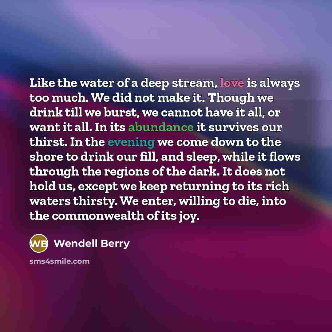 “Like the water of a deep stream, love is always…” quote by Wendell Berry