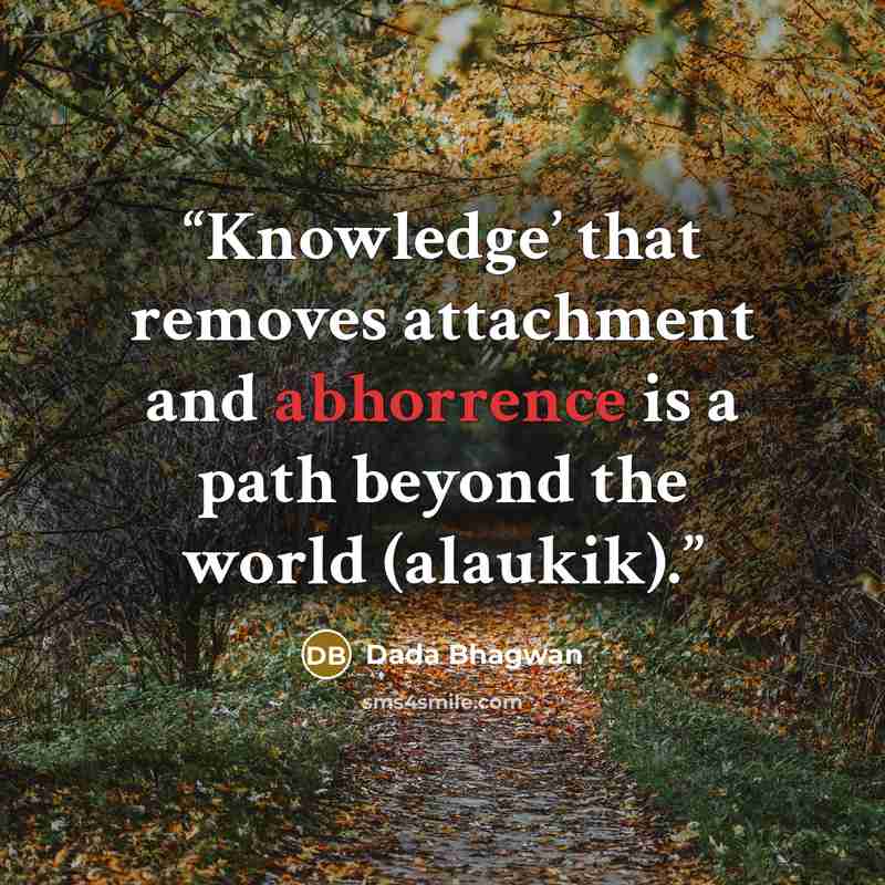 “Knowledge’ that removes attachment and abhorrence is a path beyond the world (alaukik).” quote by Dada Bhagwan
