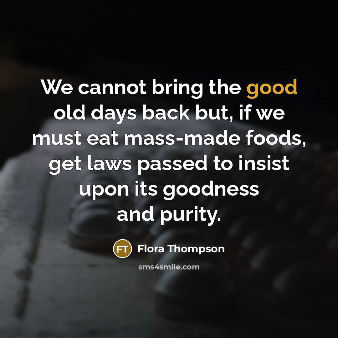 “We cannot bring the good old days back but, if we must eat mass-made foods, get laws passed to insist upon its goodness and purity.” quote by Flora Thompson