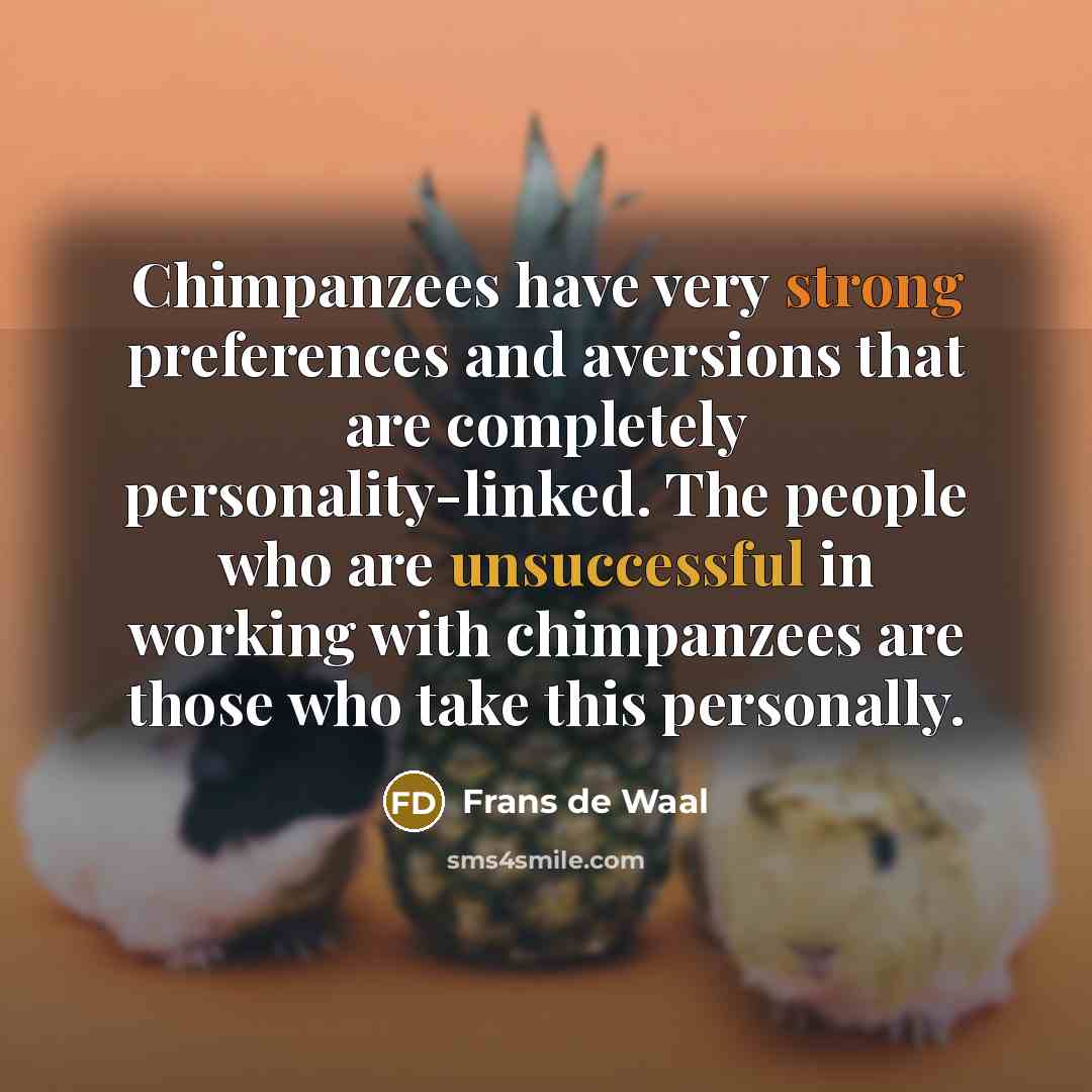“Chimpanzees have very strong preferences and aversions that are completely personality-linked. The people who are unsuccessful in working with chimpanzees are those who take this personally.” quote by Frans de Waal