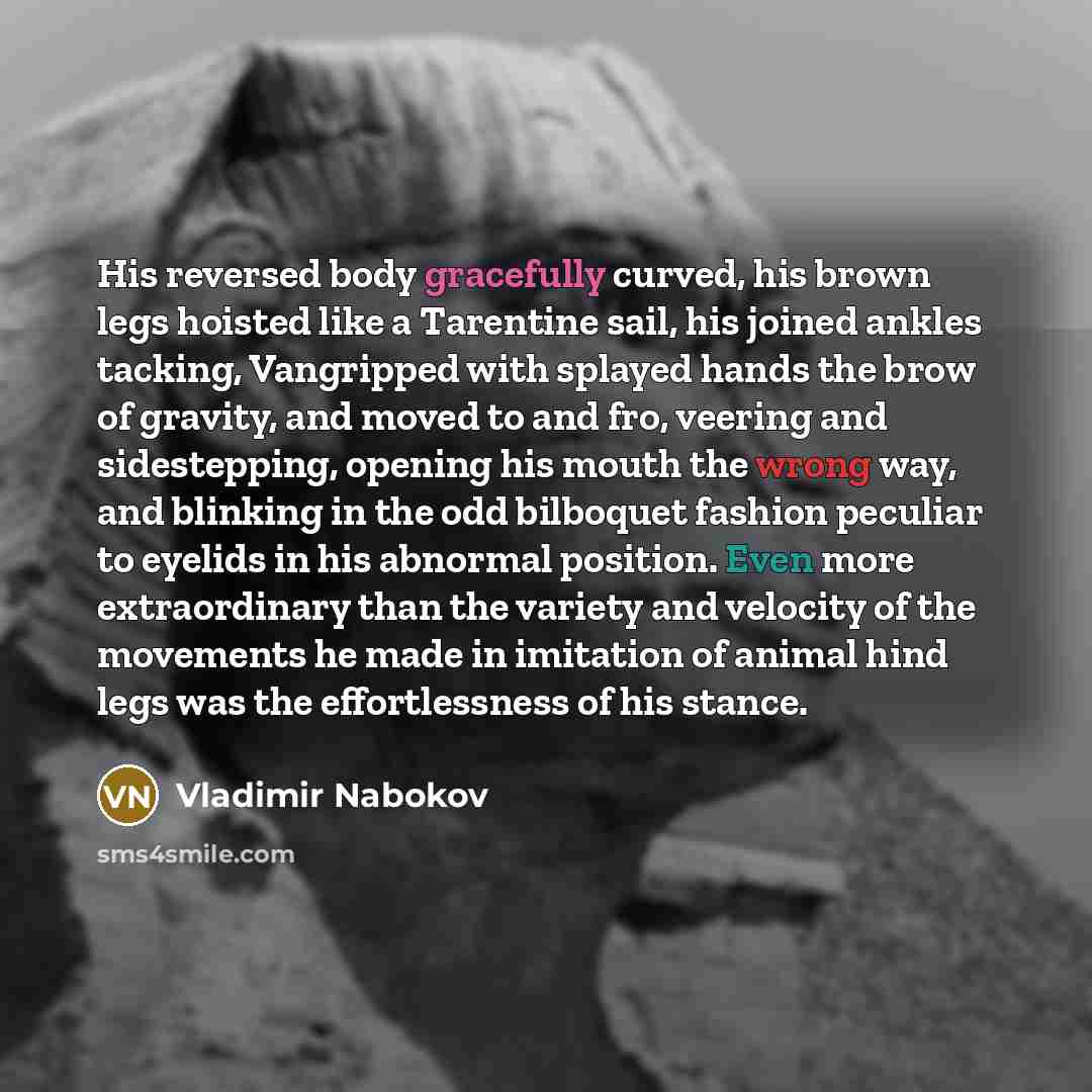 “His reversed body gracefully curved, his brown legs hoisted like…” quote by Vladimir Nabokov