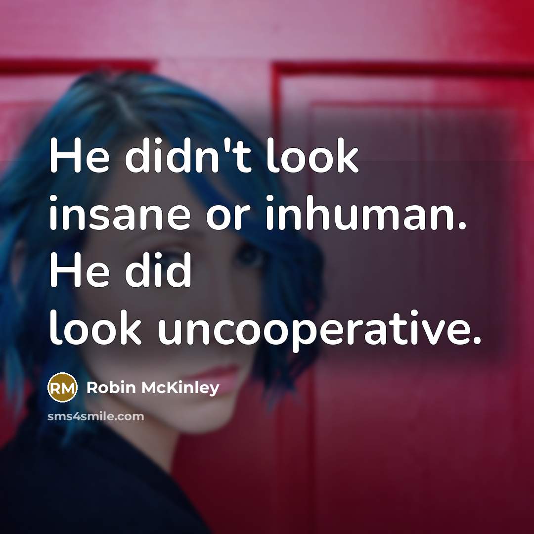 “He didn't look insane or inhuman. He did look uncooperative.…” quote by Robin McKinley