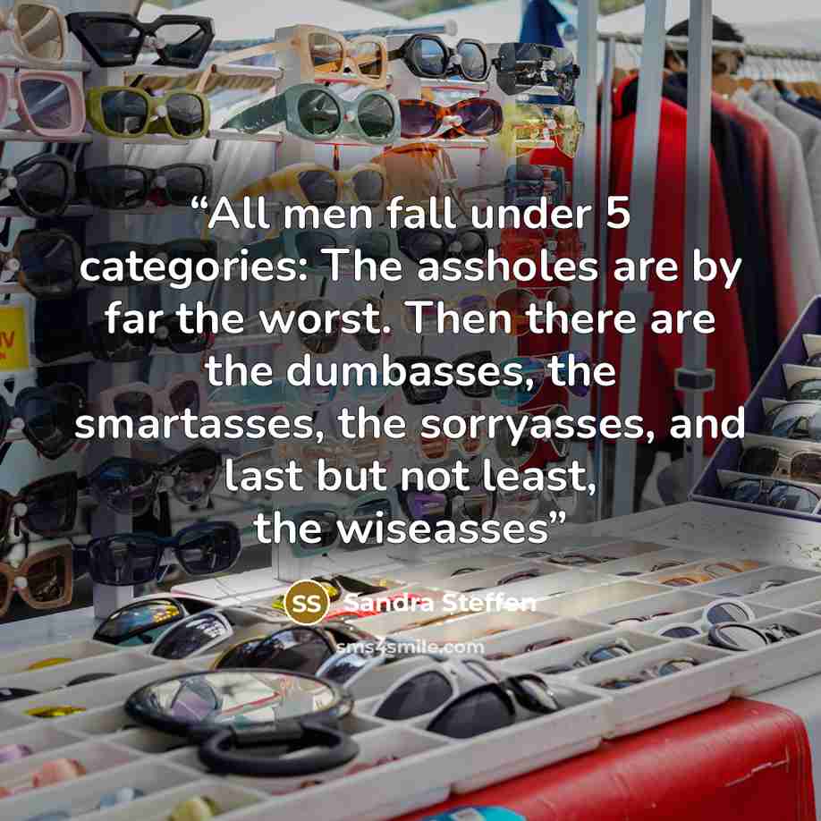 “All men fall under 5 categories: The assholes are by far the worst. Then there are the dumbasses, the smartasses, the sorryasses, and last but not least, the wiseasses” quote by Sandra Steffen