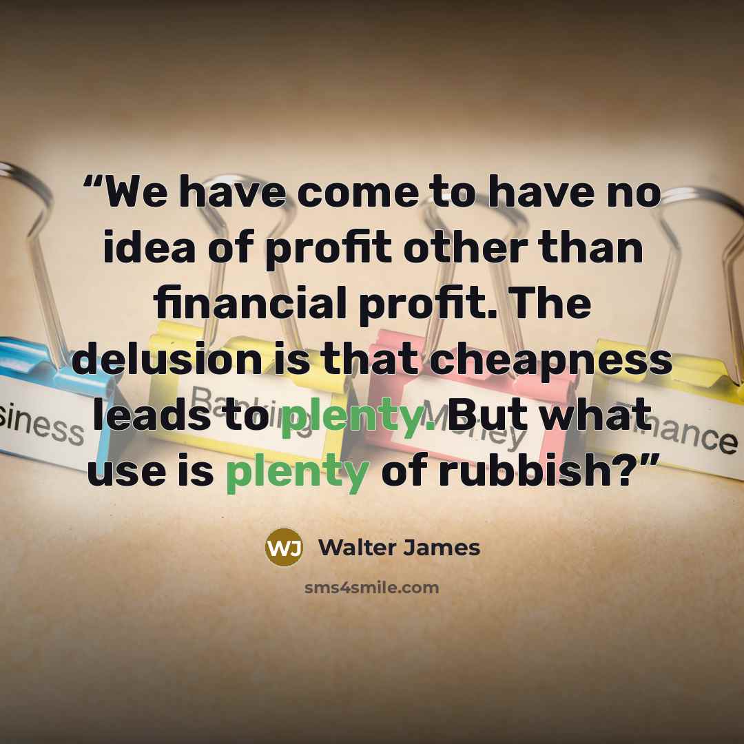 “We have come to have no idea of profit other than financial profit. The delusion is that cheapness leads to plenty. But what use is plenty of rubbish?” quote by Walter James