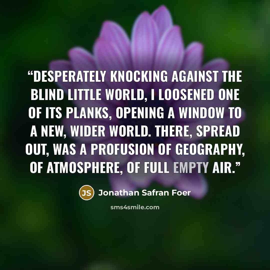 “desperately knocking against the blind little world, i loosened one of its planks, opening a window to a new, wider world. There, spread out, was a profusion of geography, of atmosphere, of full empty air.” quote by Jonathan Safran Foer