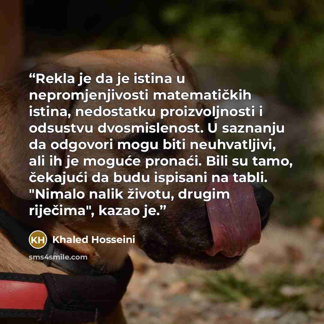 “Rekla je da je istina u nepromjenjivosti matematičkih istina, nedostatku proizvoljnosti i odsustvu dvosmislenost. U saznanju da odgovori mogu biti neuhvatljivi, ali ih je moguće pronaći. Bili su tamo, čekajući da budu ispisani na tabli. "Nimalo nalik životu, drugim riječima", kazao je.” quote by Khaled Hosseini