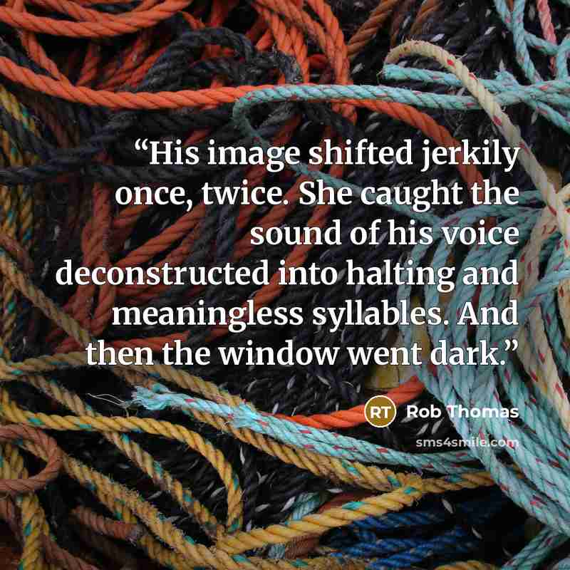 “His image shifted jerkily once, twice. She caught the sound of his voice deconstructed into halting and meaningless syllables. And then the window went dark.” quote by Rob Thomas