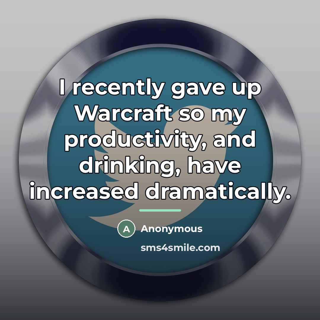 “I recently gave up Warcraft so my productivity, and drinking,…” quote by Anonymous