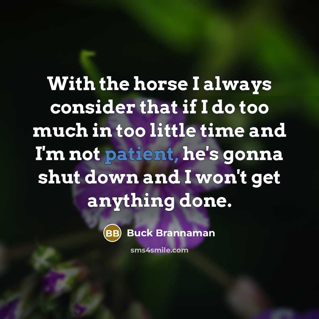 “With the horse I always consider that if I do too much in too little time and I'm not patient, he's gonna shut down and I won't get anything done.” quote by Buck Brannaman