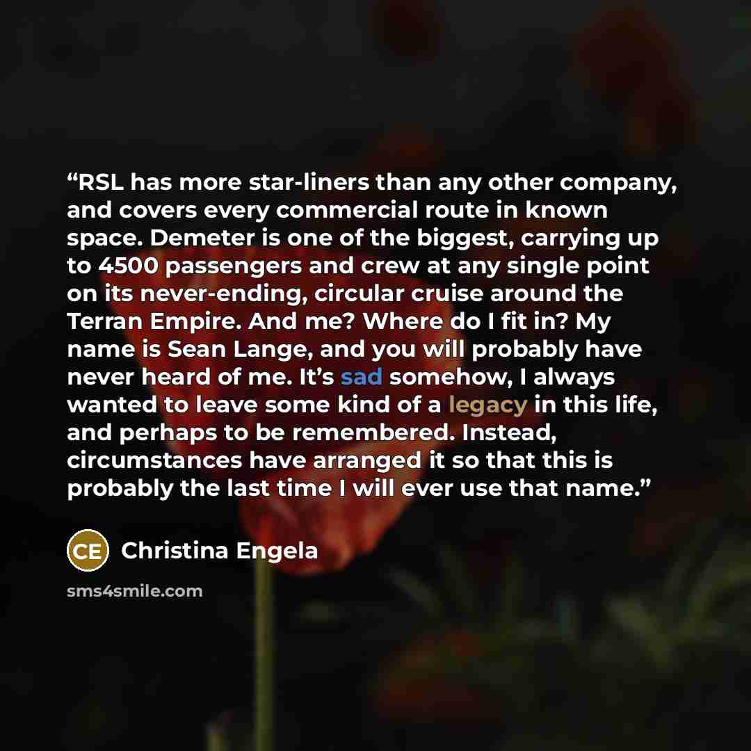 “RSL has more star-liners than any other company, and covers every commercial route in known space. Demeter is one of the biggest, carrying up to 4500 passengers and crew at any single point on its never-ending, circular cruise around the Terran Empire. And me? Where do I fit in? My name is Sean…” quote by Christina Engela