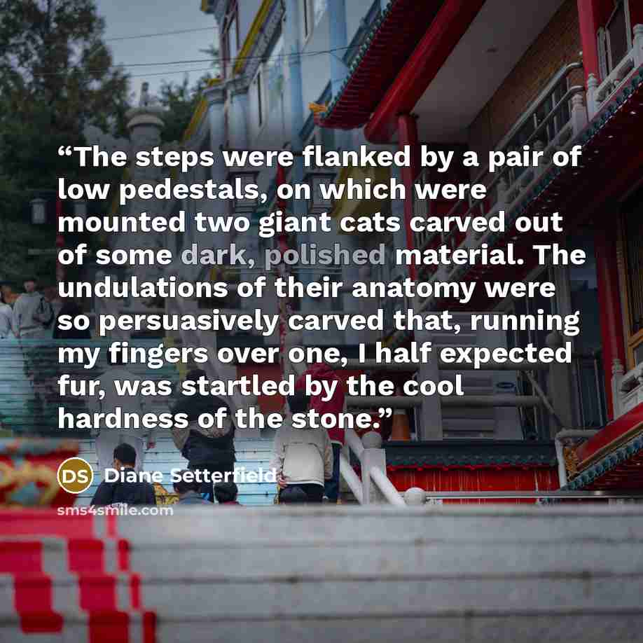 “The steps were flanked by a pair of low pedestals, on which were mounted two giant cats carved out of some dark, polished material. The undulations of their anatomy were so persuasively carved that, running my fingers over one, I half expected fur, was startled by the cool hardness of the stone.” quote by Diane Setterfield