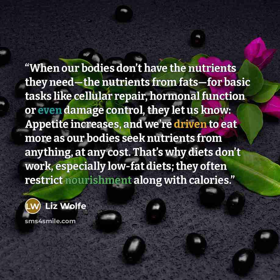 “When our bodies don’t have the nutrients they need—the nutrients from fats—for basic tasks like cellular repair, hormonal function or even damage control, they let us know: Appetite increases, and we’re driven to eat more as our bodies seek nutrients from anything, at any cost. That’s why diets…” quote by Liz Wolfe