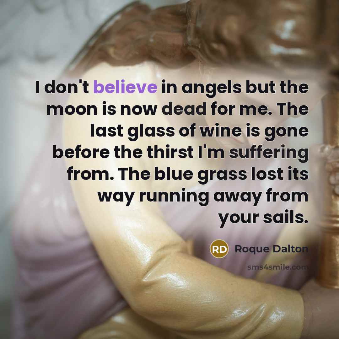 “I don't believe in angels but the moon is now…” quote by Roque Dalton