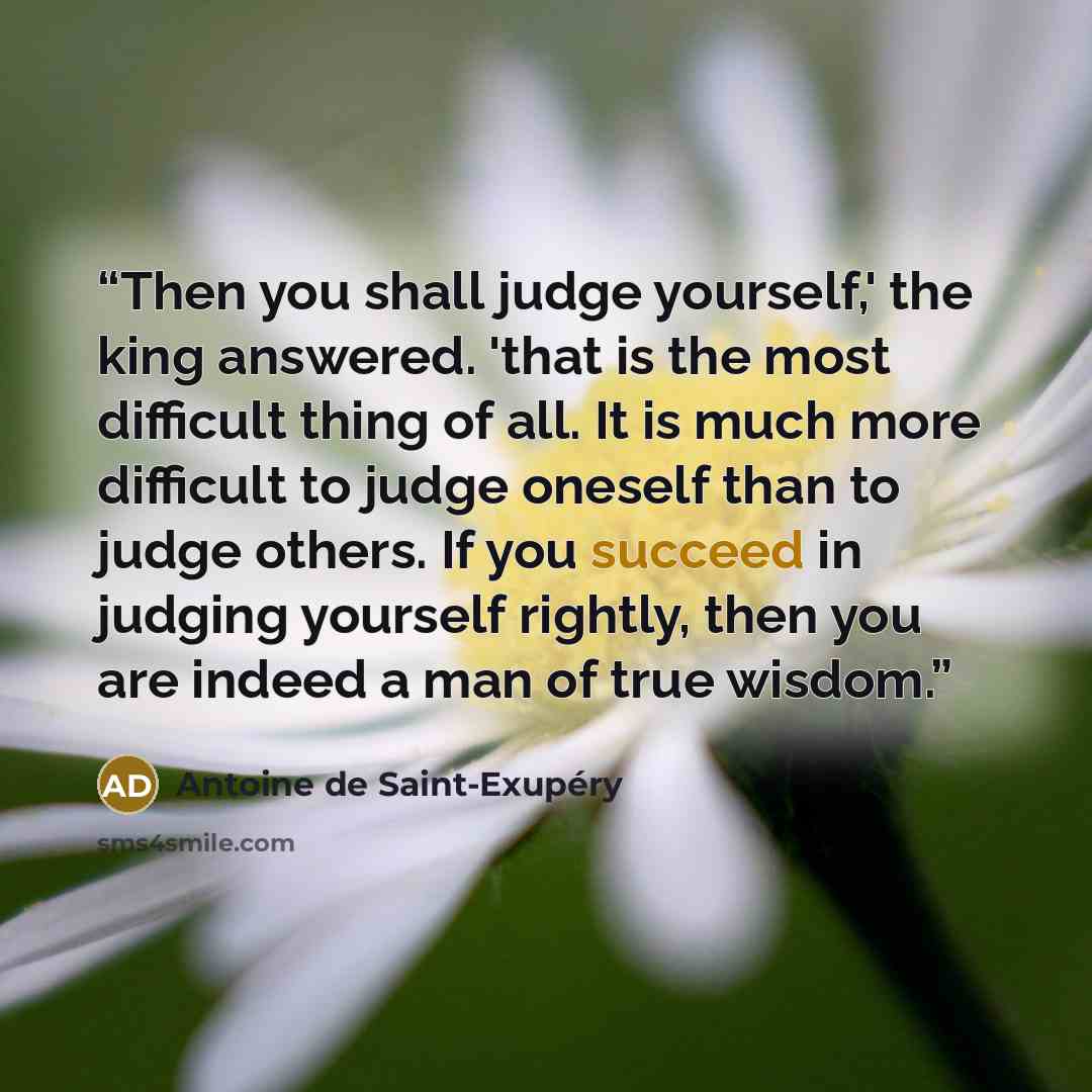“Then you shall judge yourself,' the king answered. 'that is the most difficult thing of all. It is much more difficult to judge oneself than to judge others. If you succeed in judging yourself rightly, then you are indeed a man of true wisdom.” quote by Antoine de Saint-Exupéry