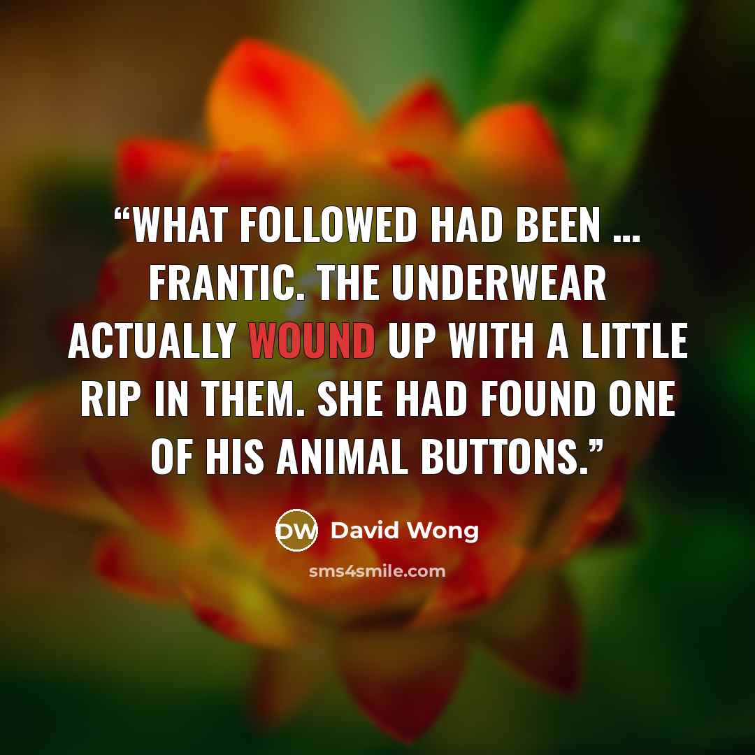 “What followed had been … frantic. The underwear actually wound up with a little rip in them. She had found one of his animal buttons.” quote by David Wong